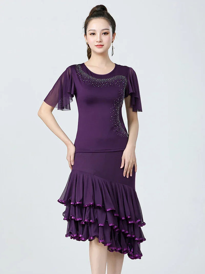 Adult Women Modern Dance Dress Social Dancewear Short Sleeve Mesh Fairy Top Large Swing Skirt Performance Dancing Costume