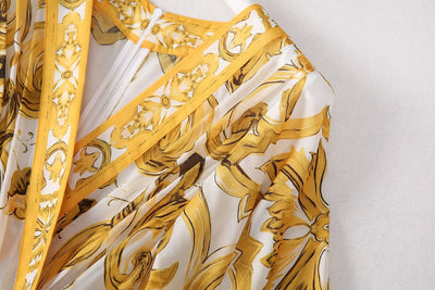 Fashion Designer Long Dress Women Elegant  V-Neck Long Sleeved Printed Belt Dresses Luxury Designer High Quality Female Clothing