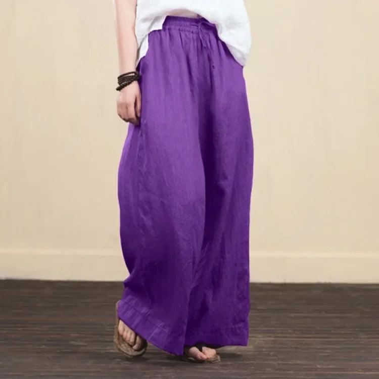 Women Wide Leg Pants Solid Loose Length Pants Cotton Linen Elastic Waist Casual Pants Vintage Mid Waist Pants 5XL