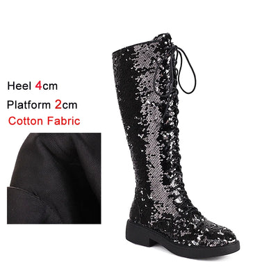 Knee-High Boots Women Flat Gothic Fashion Low Heel Shoes Autumn Winter Sequins Heels Bling Bling Silver Luxury Womens Long Boots