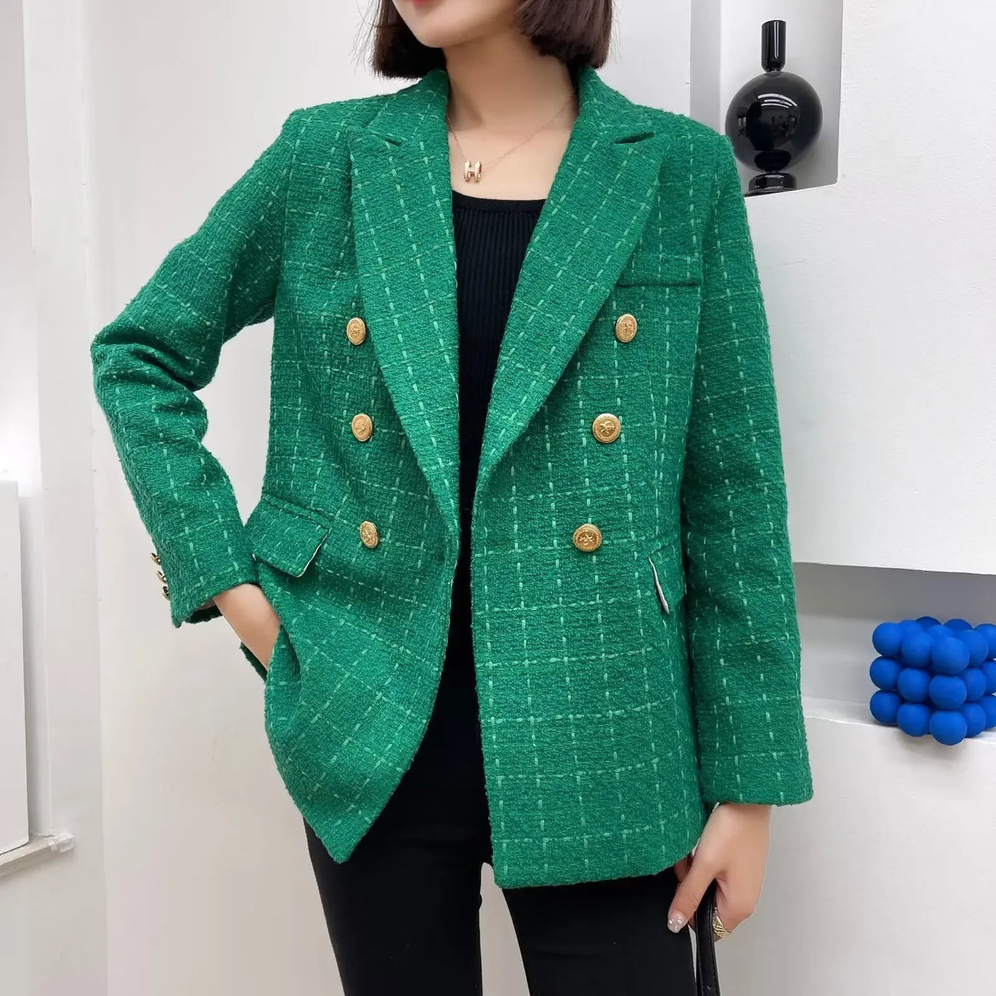Green Double Breasted Women's Blazer, Beige, Black, Red Women Suit Jacket, Spring Vintage Female Coats