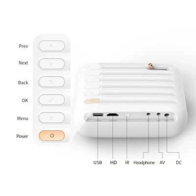 Portable Projector 50-200in Screen Size with HD/AV/USB Interfaces 30000H Lifespan Built-in Speaker Phone Projector for Home