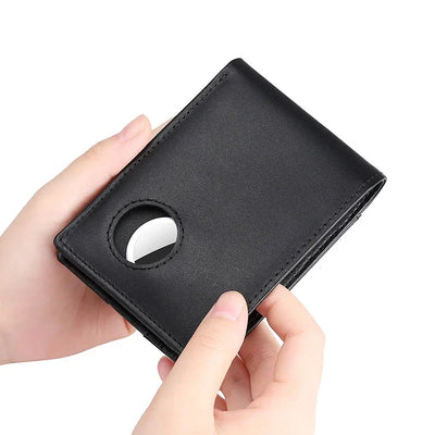 Mens genuine leather card holder wallet with AirTag cutout and anti-theft design