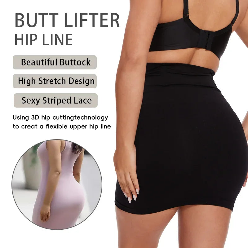 Women Sexy High Waist Dress Half Slip Shapewear Built-in Thong Seamless Body Shaper Knee Length Butt Lifter Anti-Slip Skirt