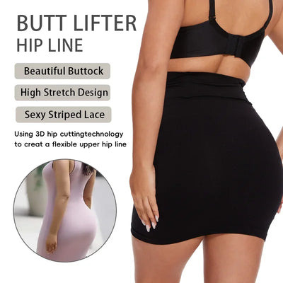 Women Sexy High Waist Dress Half Slip Shapewear Built-in Thong Seamless Body Shaper Knee Length Butt Lifter Anti-Slip Skirt