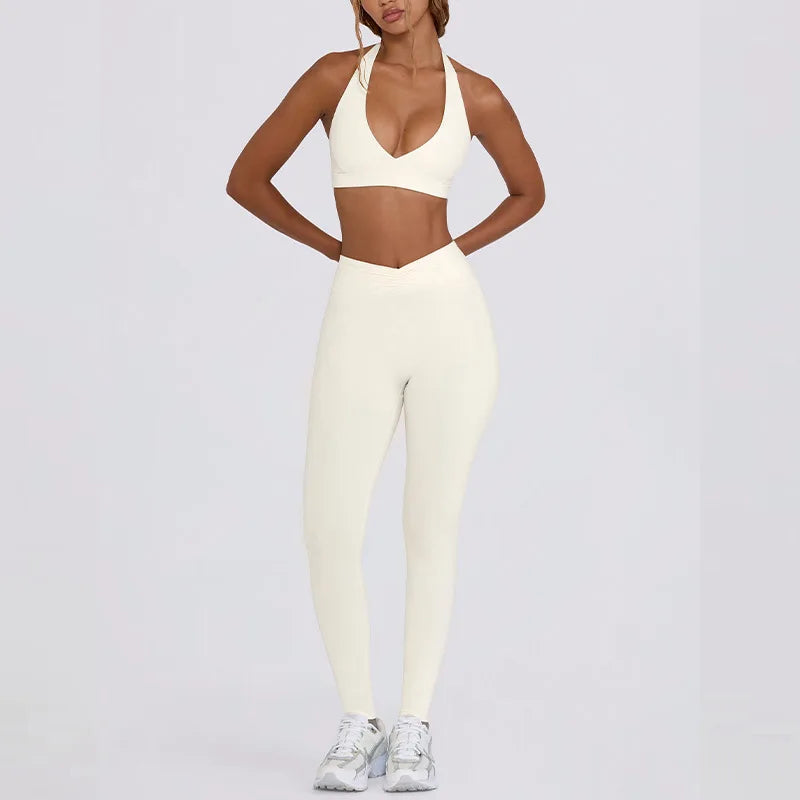 Women's Yoga Suits Quick Drying Leggings Gym Shorts Nude Hanging Neck Bra Running Gym Exercise Sets