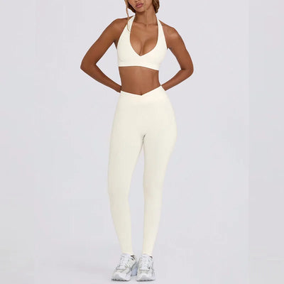 Women's Yoga Suits Quick Drying Leggings Gym Shorts Nude Hanging Neck Bra Running Gym Exercise Sets