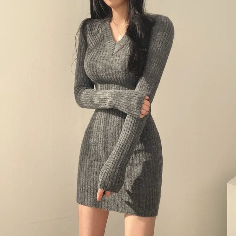 Fashion Vintage Autumn New Women's  Clothing V-neck Knitted Dress Elegant Slim-fitting Long-sleeved Knitwear Skirt