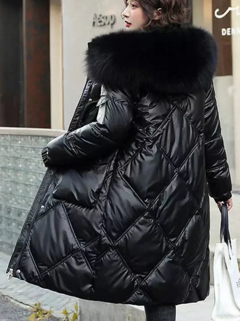 2025 Autumn Winter Hooded Fur Collar Long Parkas Mujer Thick Warm Down Cotton Padded Jacket Women Casual Hoodies Coat Female
