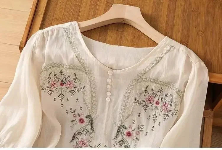 Linen V-neck EmbroideryTop For Women