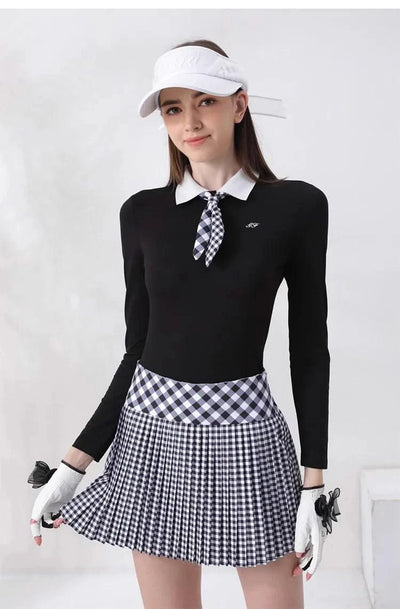 Women's Golfwear for  Slim-Fit Long-Sleeve Top with Polo Collar and Bow Tie, High-End Golf Hundred-Pleat Skirt Suit