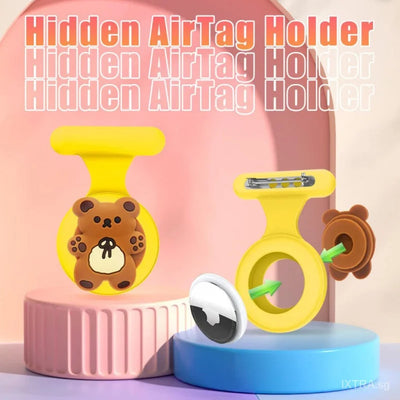 Yellow bear-shaped AirTag holder with hidden compartment for kids