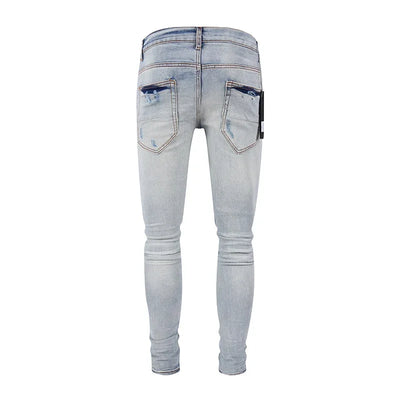 Fashion Designer Men Jeans High Quality Black Stretch Skinny Fit Leather Patched Ripped Jeans Men Y2K Brand Hip Hop Denim Pants