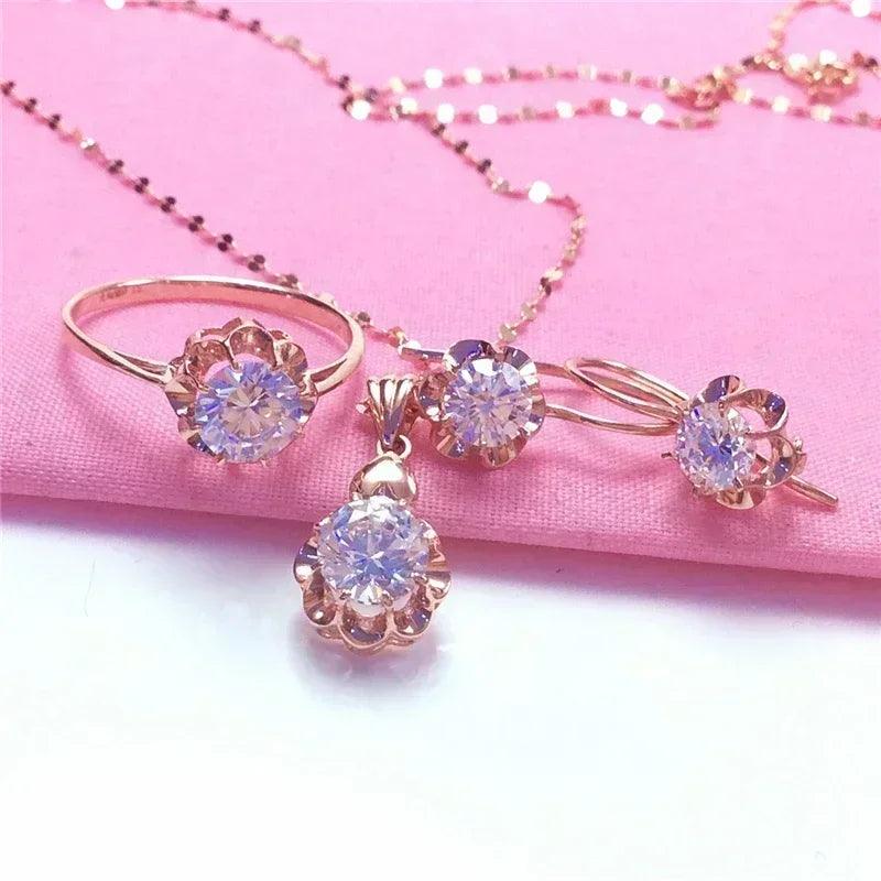 White shiny flower jewelry set plated rose gold earrings for women charms rings necklace elegant light luxury necklaces