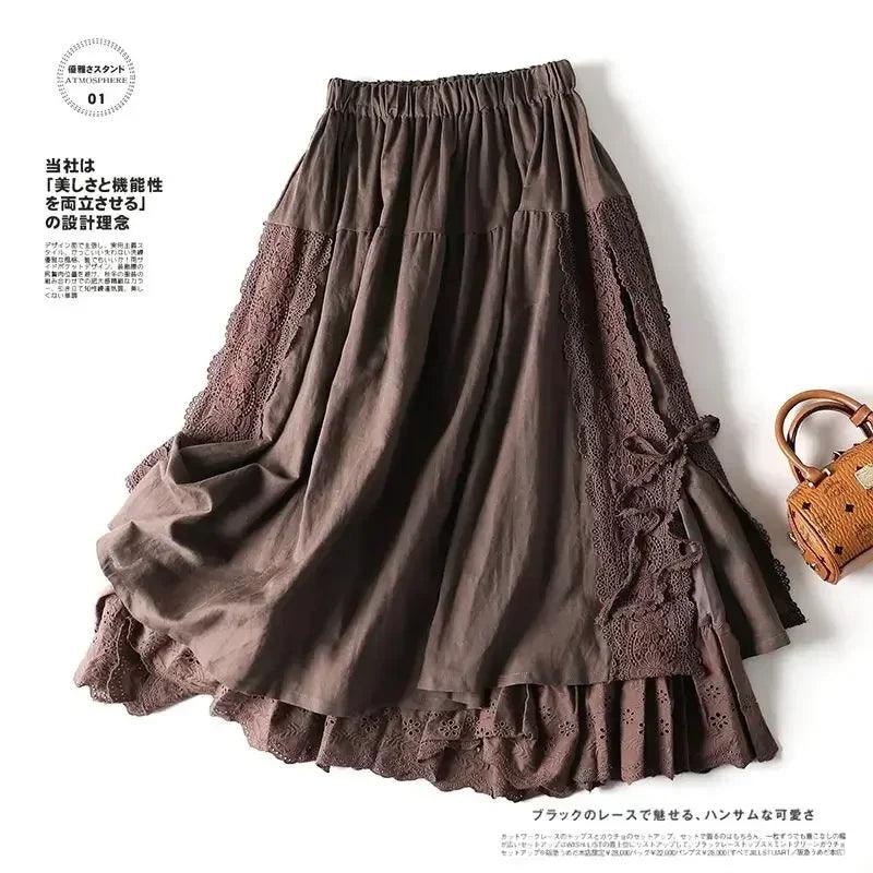 Vintage chic embroidery linen cotton long skirts women summer elastic high waist pleated maxi skirt female elegant