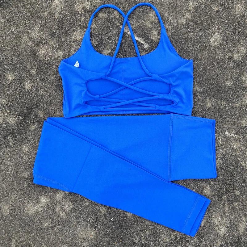 2pcs Gym Leggings Set Yoga Sports Set Women Workout Outfit Fitness Suit Cross Straps Bra High Waist Leggings Running Tracksuit