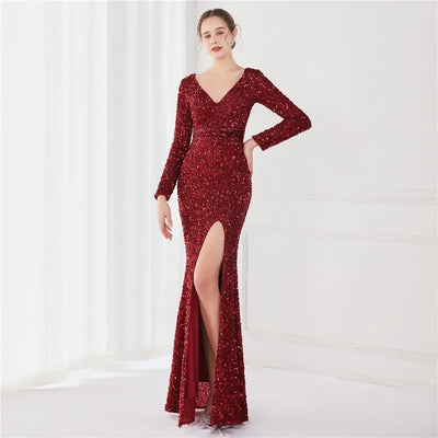 DEERVEADO Sexy Slit V Neck Black Sequins Evening Dress Women Mermaid Maxi Party Dresses Long Prom Dress