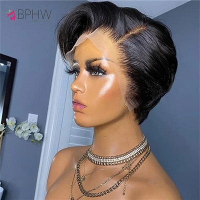Human Hair 13x4 Short Pixie Cut Lace Front Wig for Women Black Pixie Cut Transparent Frontal Wig Layered Straight Pixie Cut Wigs