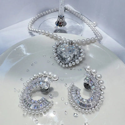 2025 New Trend Fine Jewelry Sets Charming White Geometric Crystal Fashion Pearl Necklace Ring Earrings Romantic Gift for Women