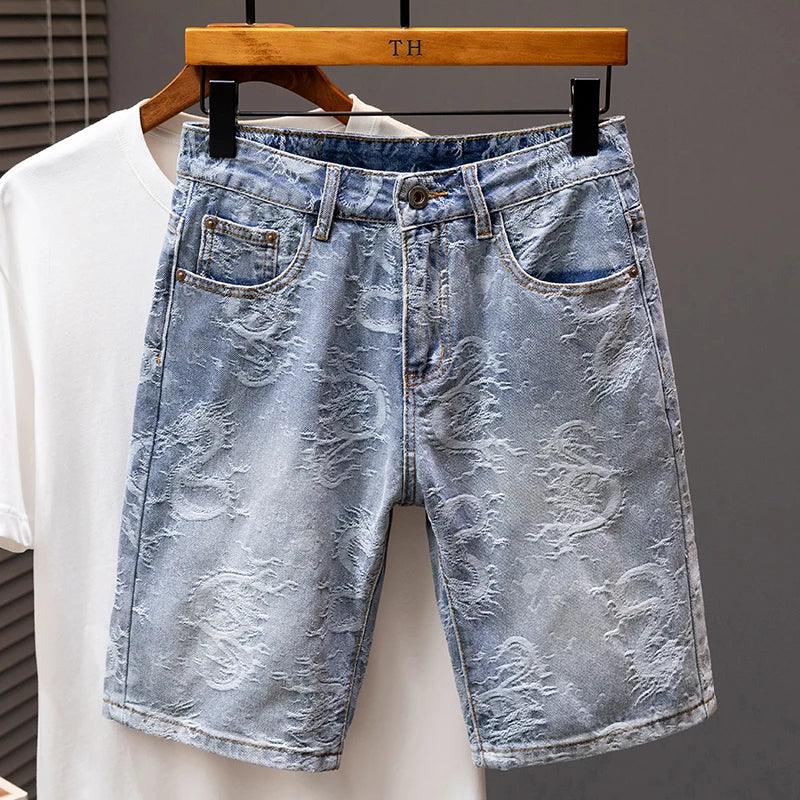 2024 New Men's Denim Shorts Fashion Printed Designer Jeans Personality High Street Straight Male Clothes Short Pants