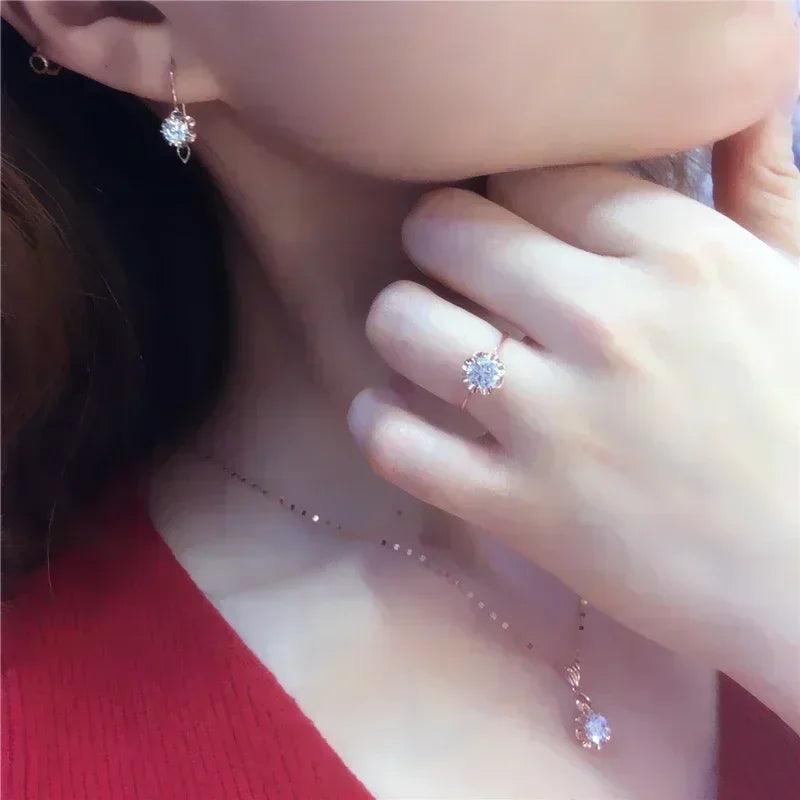 White shiny flower jewelry set plated rose gold earrings for women charms rings necklace elegant light luxury necklaces