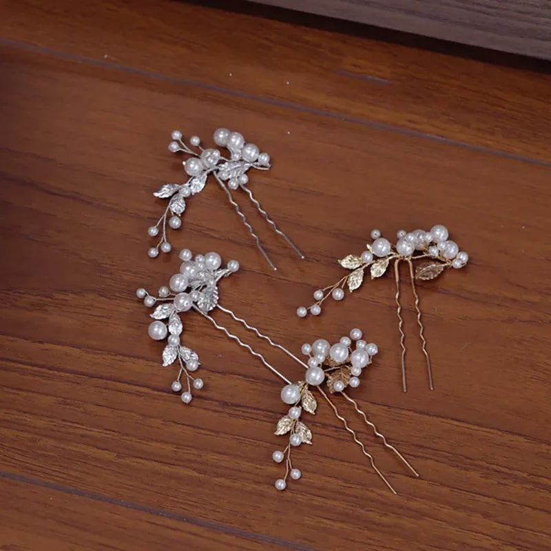 Fashion Pearls Jewelry Bridal Hair Pins Clips Girls Piece Gold Silver Color Leaf Women Wedding Prom Headpiece
