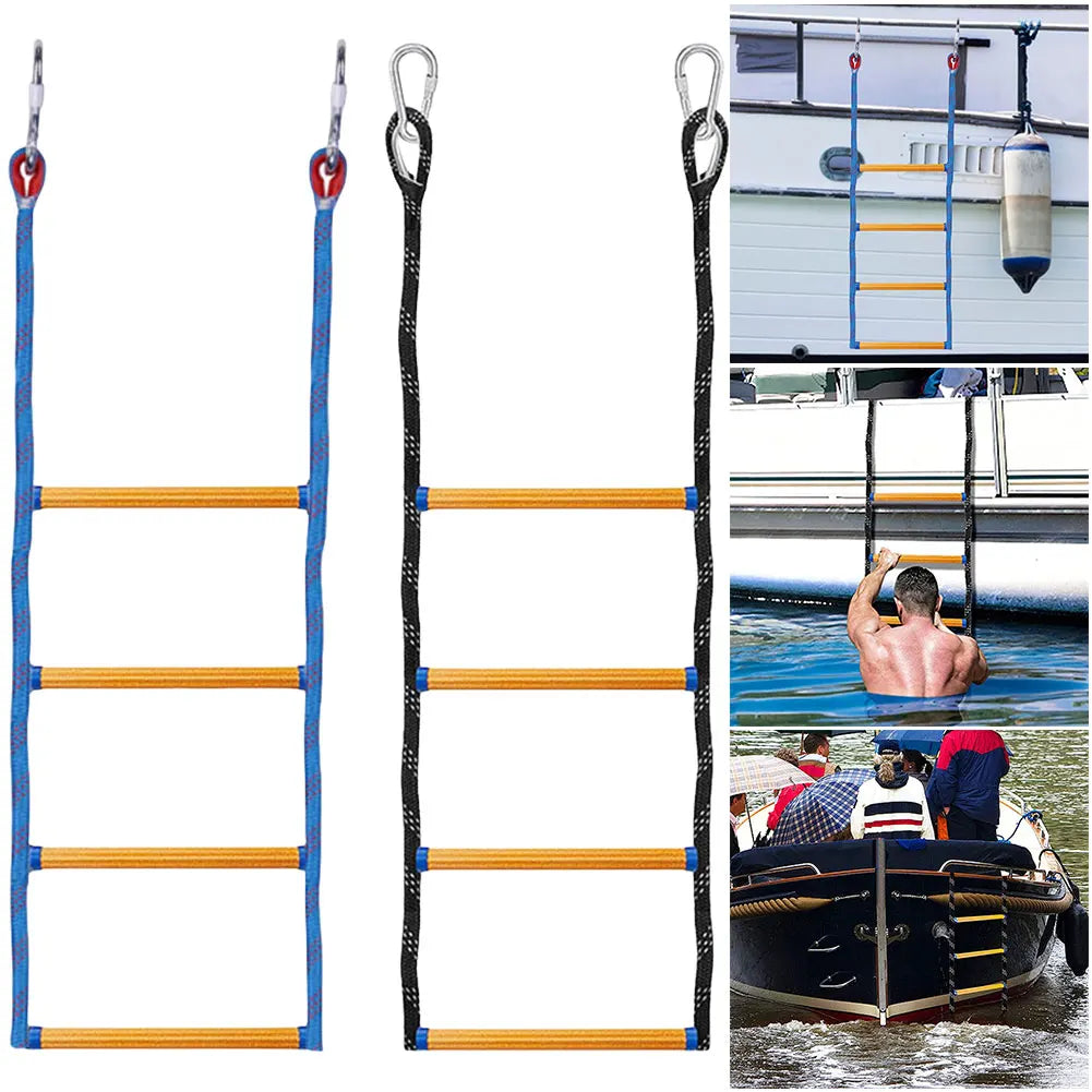 4 Step Boat Rope Ladder Folding Heavy Duty Climbing Rope Assist Boat Ladder for Inflatable Boat Kayak Motorboat Canoeing