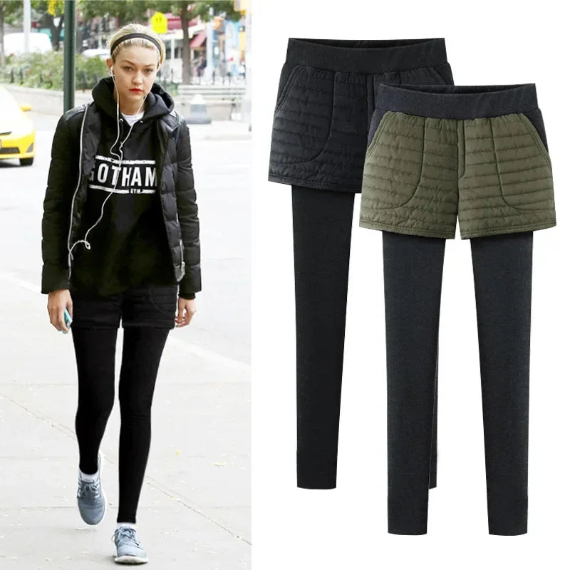 Winterfleece-lined Women's Tights Two-piece Illusionshorts Autumn/winter Thickened Cotton Wadded Trousers Warm Leggings