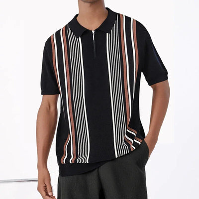 Trendy Men's Slim Knitted Polo Shirts Summer Casual Short Sleeve Zip-up Polo Neck Tops For Men Daily Leisure Striped Knit Polos