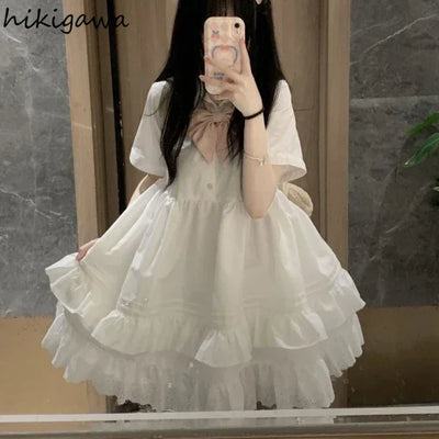 Sweet Summer Dress for Women Bow Tunic A-line Summer Robe Femme Short Sleeve Ruffles Cute Loose Dresses 2025 Vestidos De Mujer