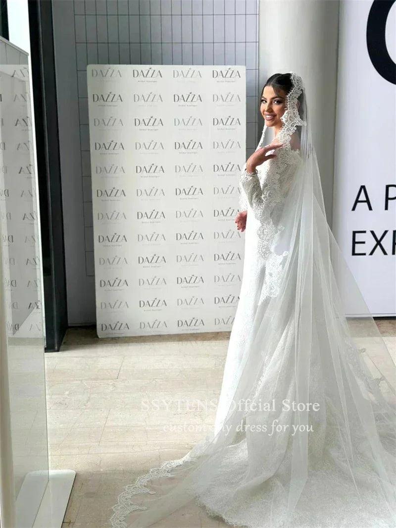 V neck wedding dresses lace long sleeves queen bride gown