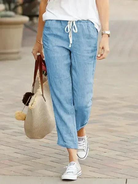 Cotton linen trousers for women solid color elastic waist casual pants drawstring loose autumn new female