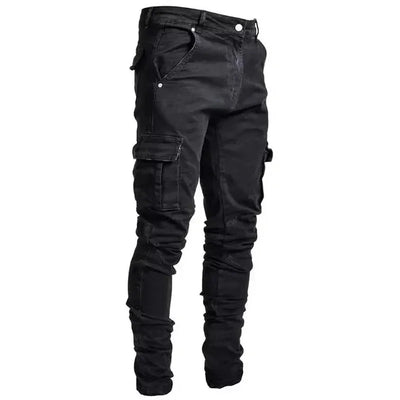 Men Street Elastic Denim Jeans Wash Solid Color Multi Pockets Cargo Pants Casual Slim Fit Daily Wear Joggers Mid Waist Trousers