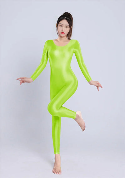 Women's Sexy Yoga Shaper Jumpsuit Dance SM Wear Oil Glossy High Elastic Long Sleeves Bodysuit Sheer Slip Satin Slimming Tights