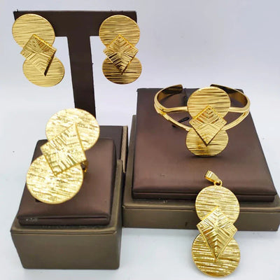 Gold Color Jewelry Sets for Women Bridal Luxury African Map Pendant Earrings Cuff Bangles Adjustable Ring Wedding Ornament Gifts