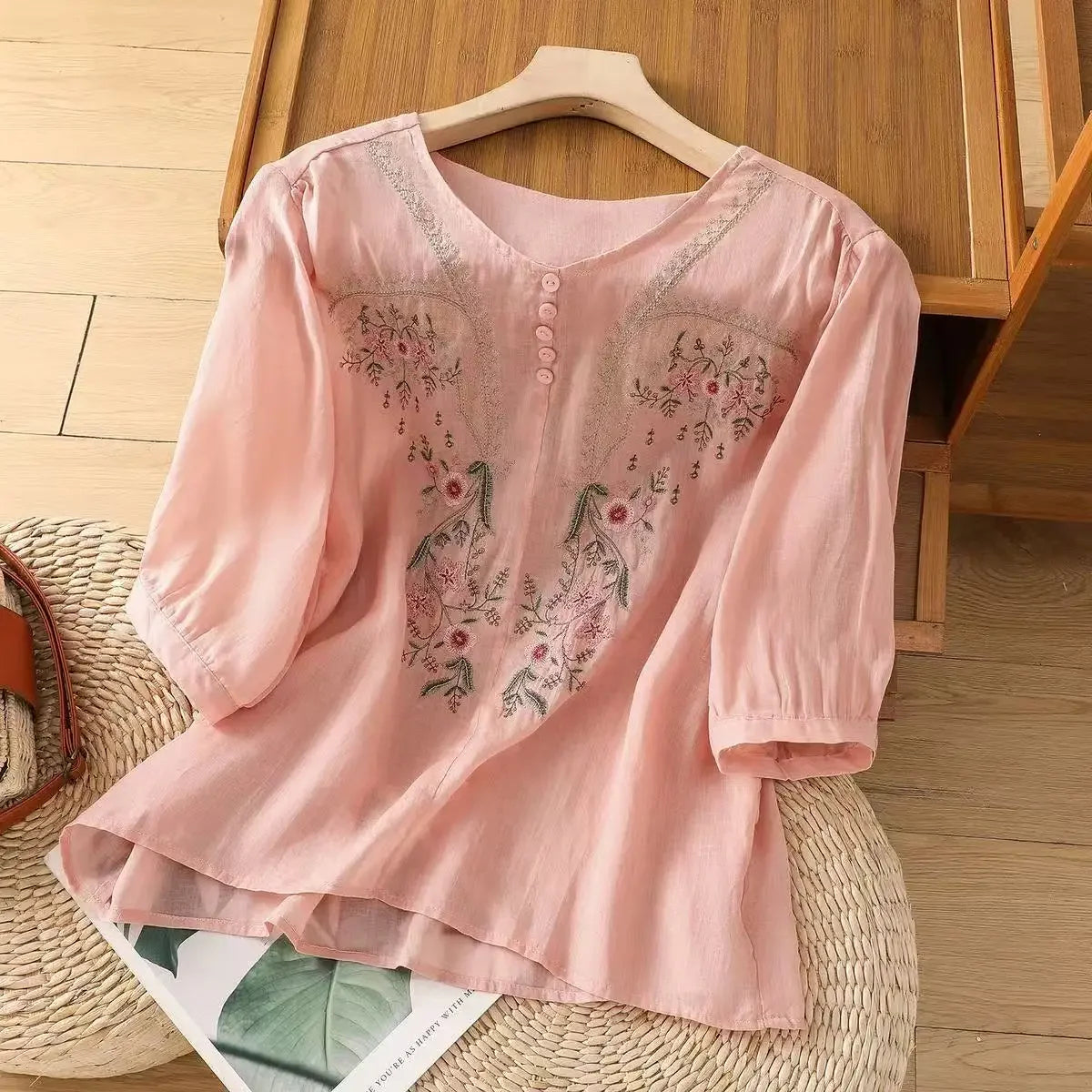 Linen V-neck EmbroideryTop For Women