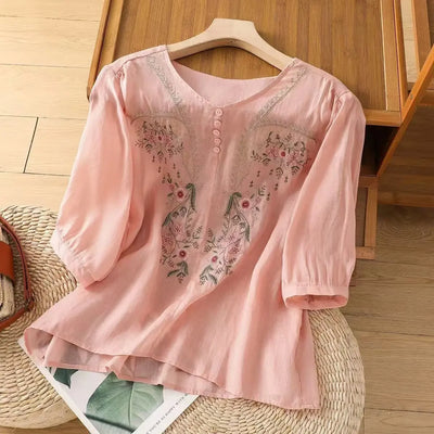 Linen V-neck EmbroideryTop For Women