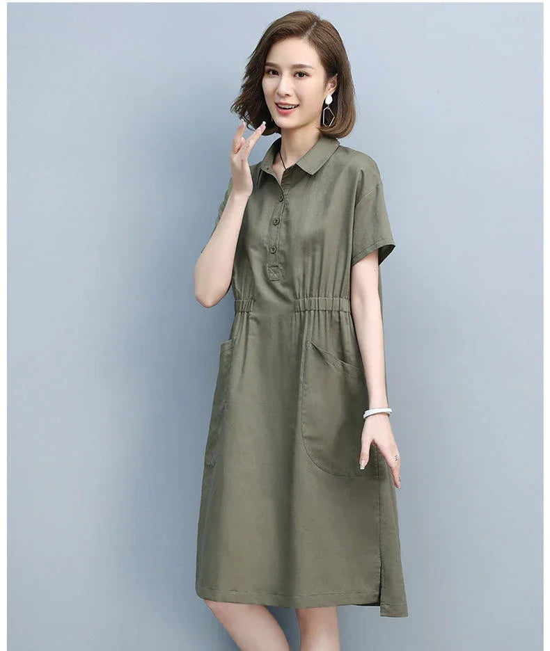 Summer Vintage Dresses for Women 2024 New Casual Loose Cotton Polo Collar Short Sleeve Office Lady Pleated Dresses Vestidos
