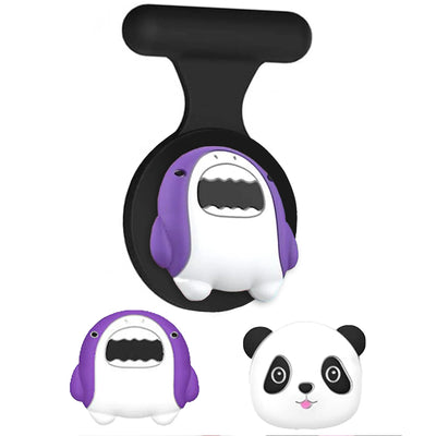 Purple white panda earbuds with black accents in kids AirTag holder case