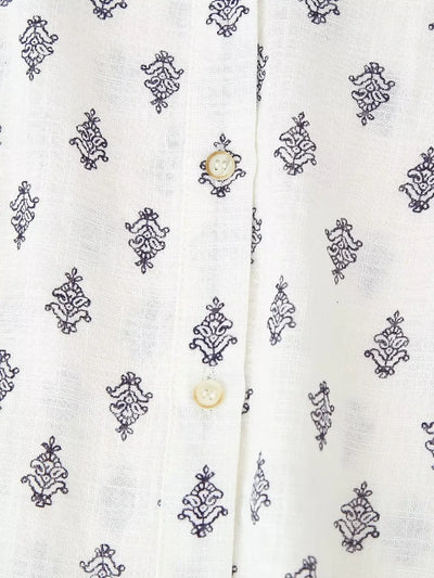 Women's Puffy Sleeve Linen Printed Top