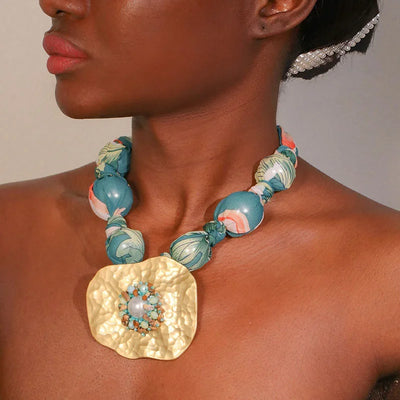 Statement Beads Necklace with Geometry Pendant for Women Trendy Beach Party Jewelry