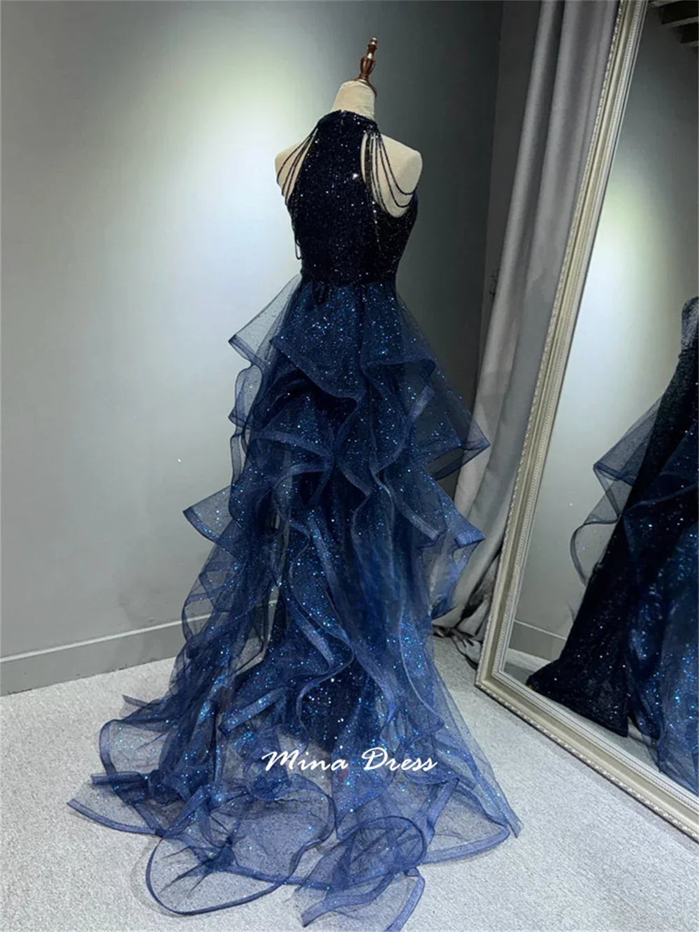 Mina Customized Evening Gown Sequins Chiffon Dress for Wedding Guests Wrinkles Elegant Women's Dresses for Party Formal Occasion