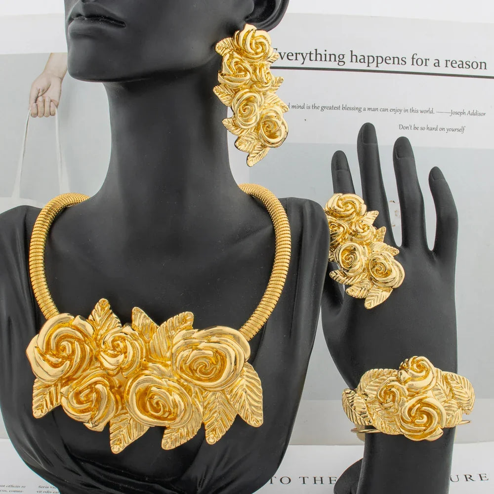 African Fashion Flower Jewelry Set for Women Luxury Gold Color Big Hig Quality Earrring Necklace Bangle Ring Bride Christmas Gif