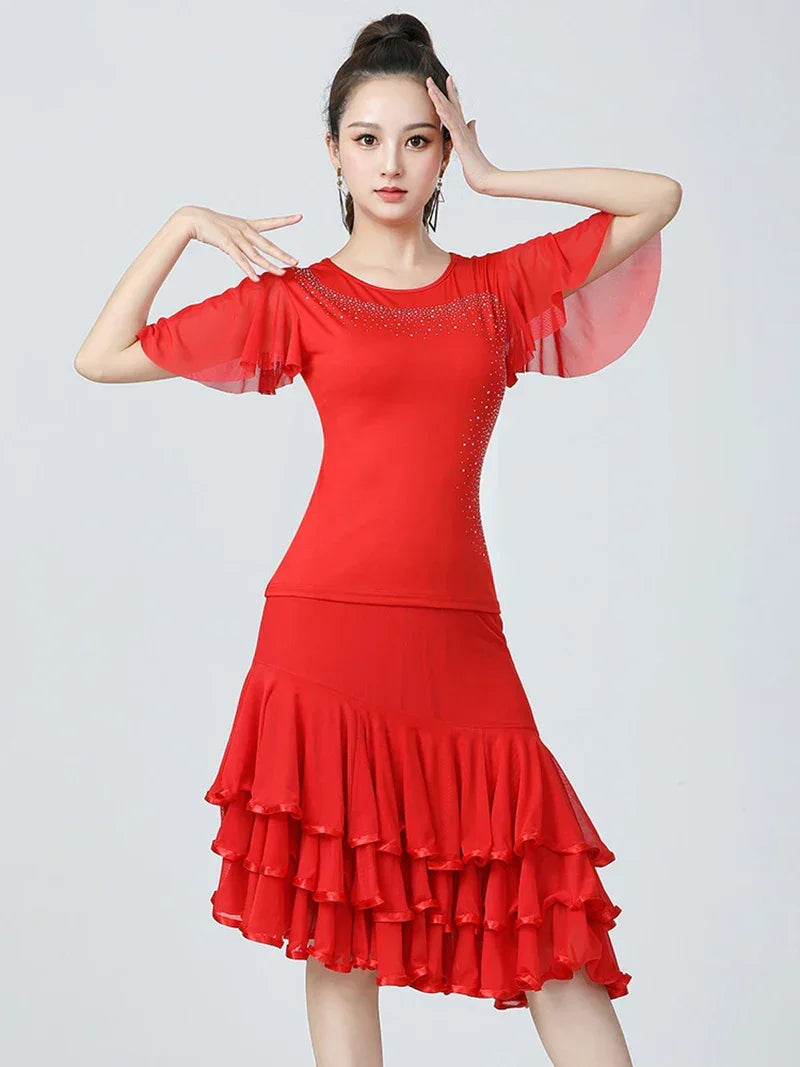 Adult Women Modern Dance Dress Social Dancewear Short Sleeve Mesh Fairy Top Large Swing Skirt Performance Dancing Costume