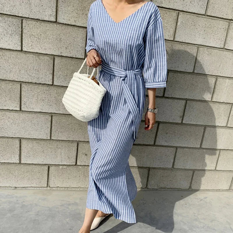2021 Summer Striped Cotton Linen Long Dress Women Fashion Loose Vestidos Vintage V-neck Half Sleeve Dress for Women Loose