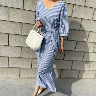 2021 Summer Striped Cotton Linen Long Dress Women Fashion Loose Vestidos Vintage V-neck Half Sleeve Dress for Women Loose
