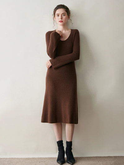 Women's Cashmere Sweater Dress Autumn Winter U-neck Striped Pullover 100% Cashmere Knitwear Slim Solid Flare Sleeve A-Line Skirt