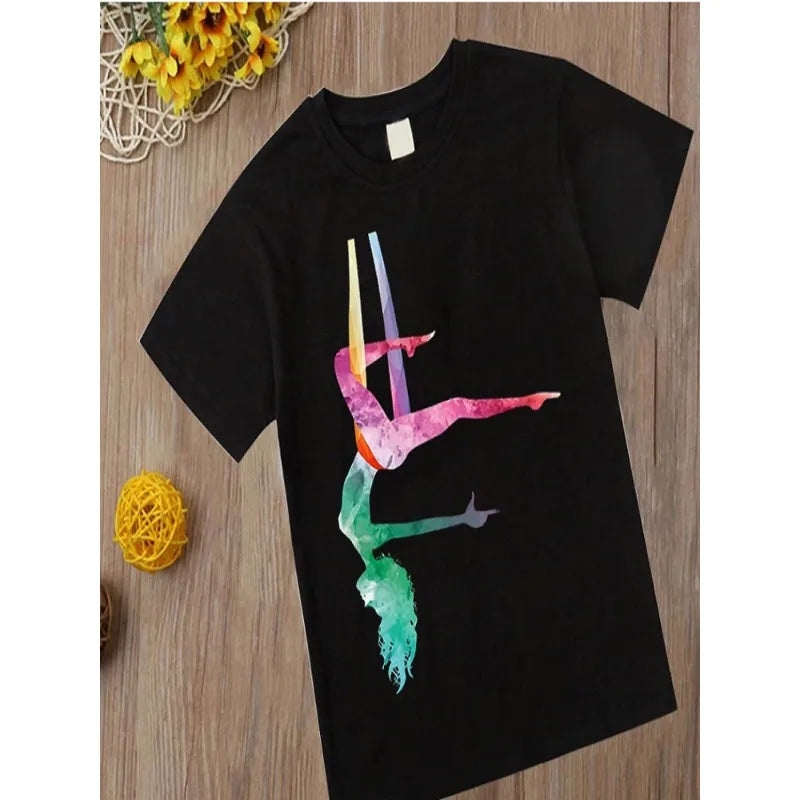 Watercolor Gymnastics Girl Printed Cute Children's T-shirt Children's Black T-shirt Exercise Enthusiast Birthday Gift