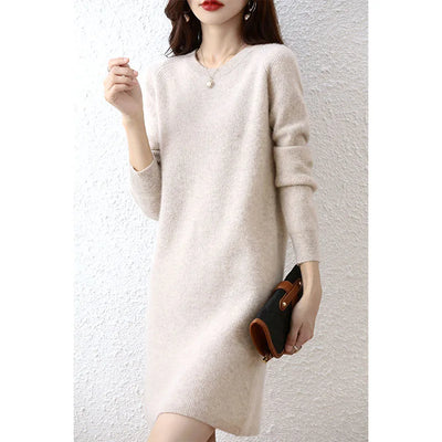Knit Dresses for Women's Fashion Sweater 100% Merino Wool Winter Ladies O-Neck Warm Knitted Dress Fall Female Casual Black Skirt