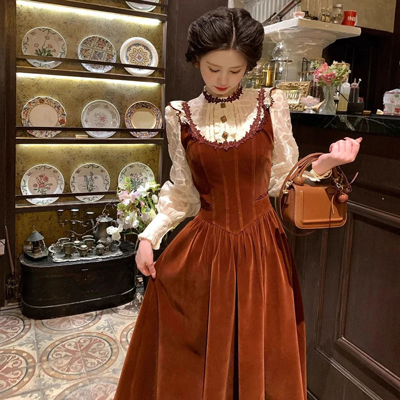 Vintage Velvet Midi Dress Women Elegant Lace Patchwork Dresses Autumn Harajuku Korean Puff Long Sleeve Bodycon Design Vestidos